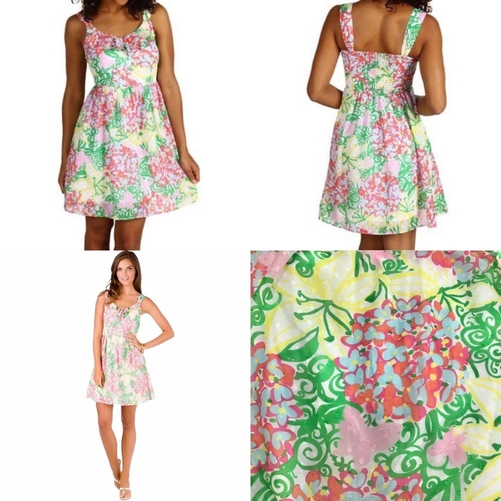 Lily Pulitzer Floral Ruffle Mariposa Dress SIZE 2 Smocked Sweetheart Neck